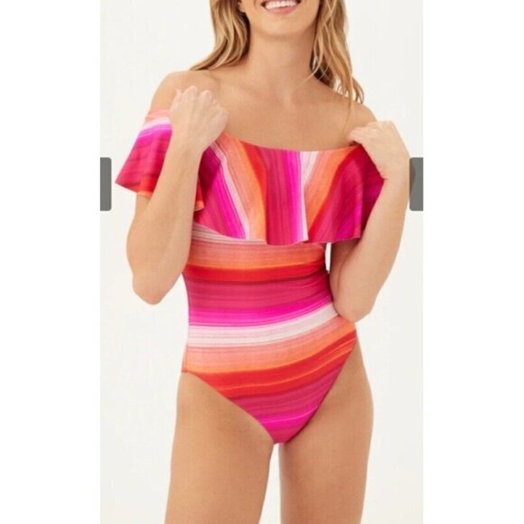 NEW Trina Turk Womens Pink Striped Ruffles Off Shoulder Swimsuit $184 Size 10 - Picture 1 of 15